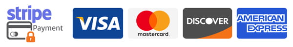 Credit card logos for Visa, Mastercard, Discover, and American Express